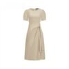 Elegant Plain Short Sleeveless Pleated Dress - Khaki
