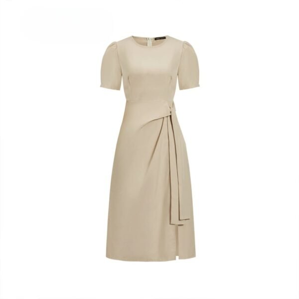Elegant Plain Short Sleeveless Pleated Dress - Khaki