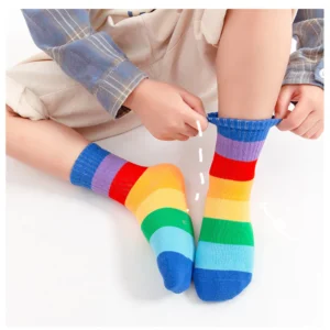 Children Rainbow Cotton Sports Socks Boys Girls Striped Mid-Tube Socks